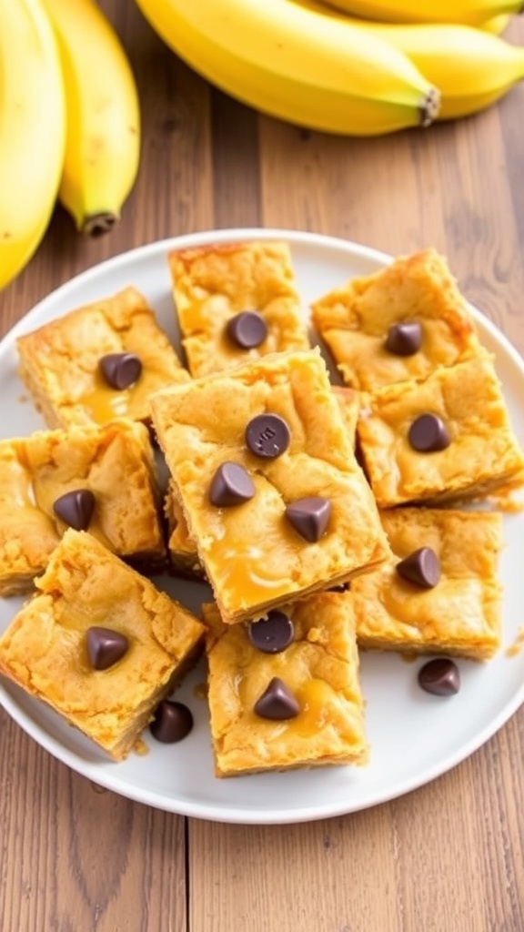 A plate of banana bread blondies, cut into squares, with chocolate chips, on a rustic table with bananas.